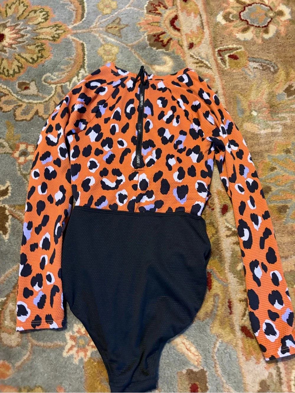 art class Orange Leopard Print & Black Kids Long Sleeve Rashguard Swim Suit